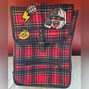 Disney Cruella DeVil Backpack,  Red Plaid, Full Size With Patches. NWOT